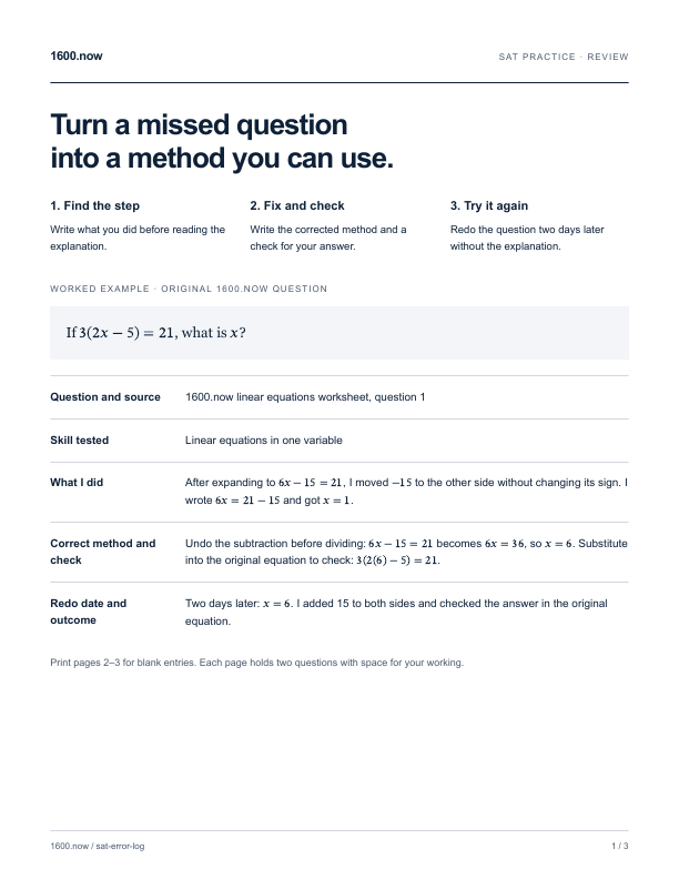 SAT Error Log, page 1: three review steps and a completed example entry for a missed linear equation