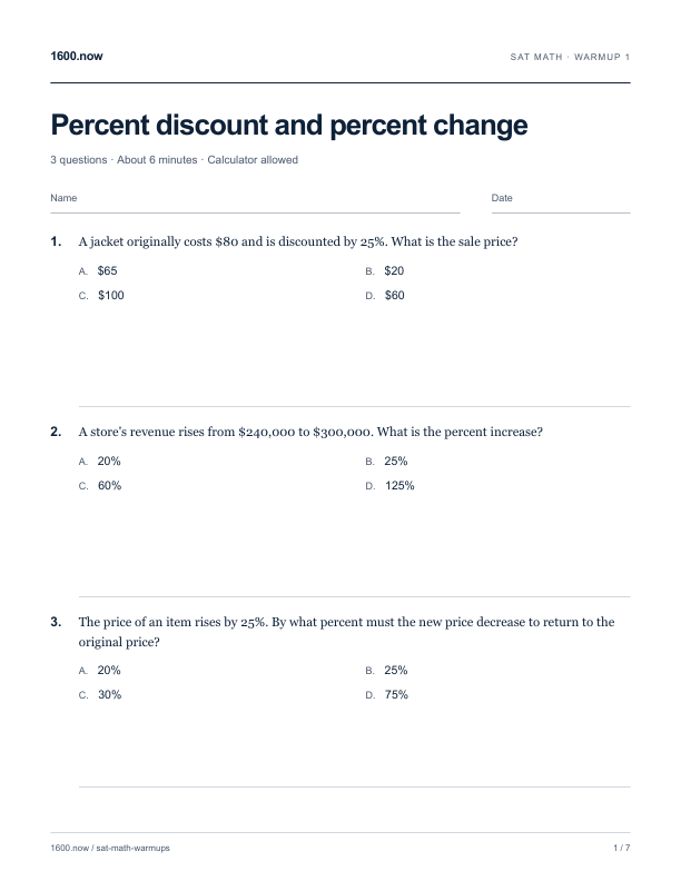 SAT Math Warmup 1: three percent discount and percent change questions with space to work