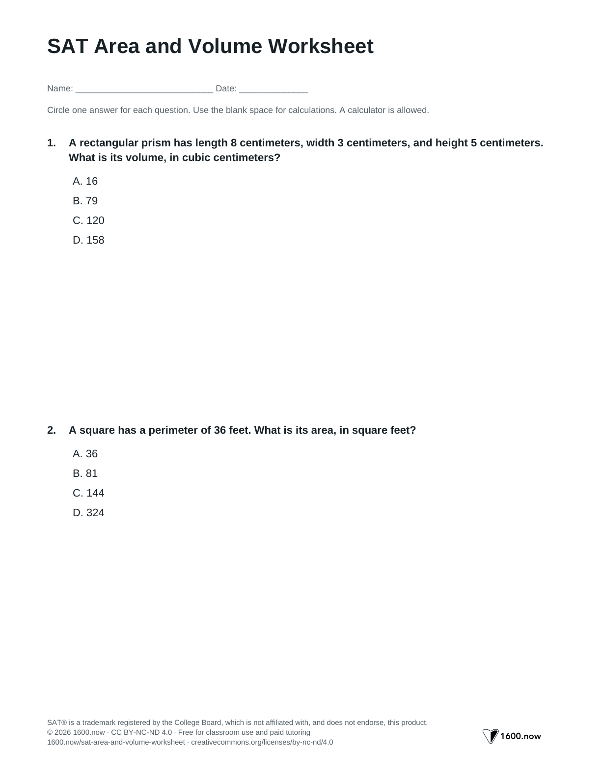 SAT Area and Volume Worksheet, page 1: composite areas, volume and surface area, scale factors, and unit conversions