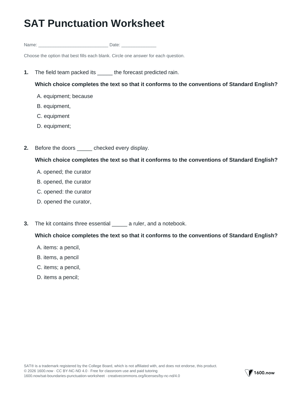 SAT Punctuation Worksheet, page 1: independent clauses, introductory phrases, colons, and appositives
