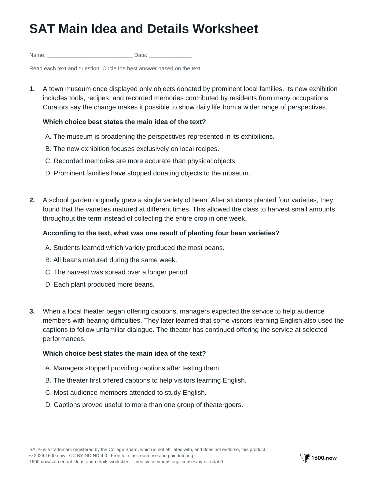 SAT Main Idea and Details Worksheet, page 1: central ideas, main ideas, and supporting details