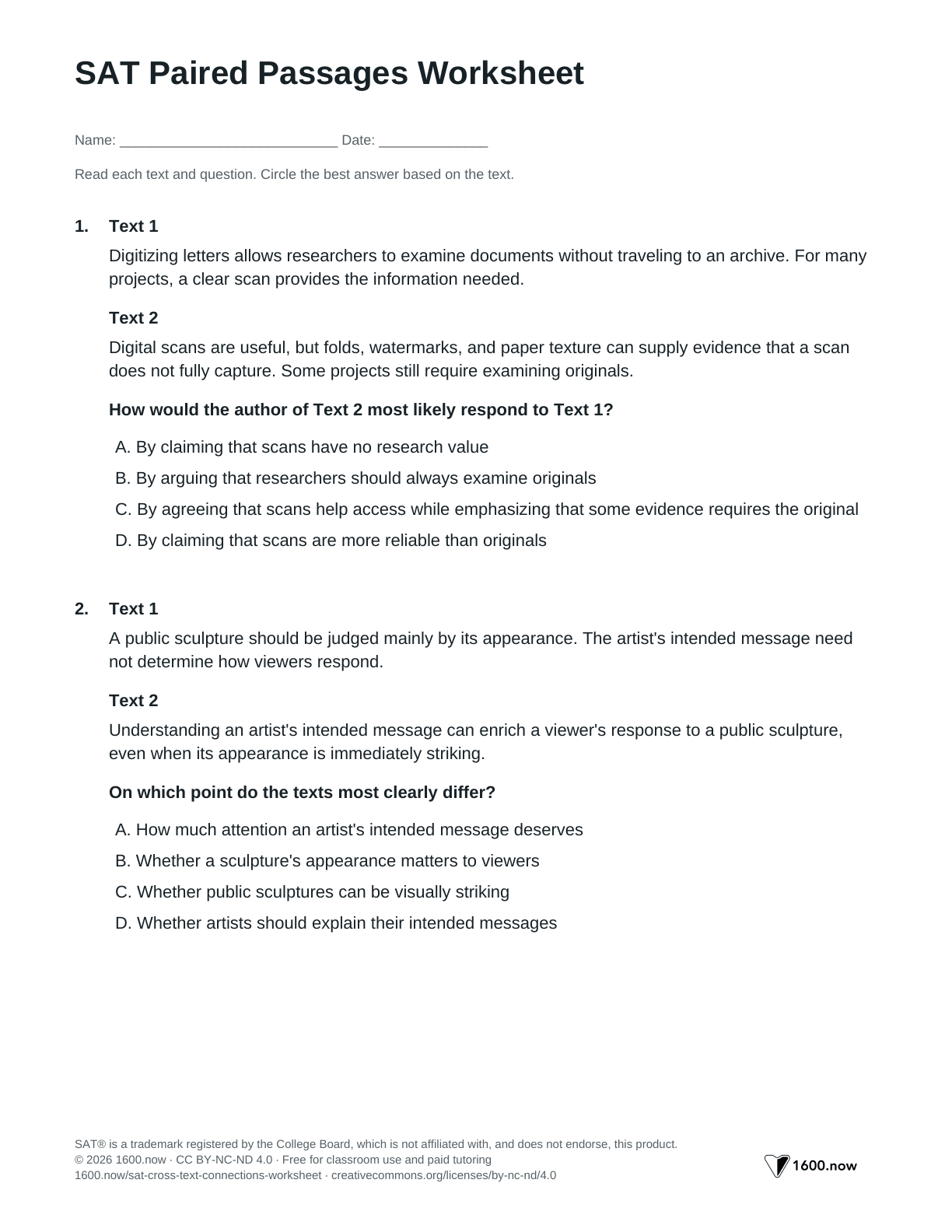 SAT Paired Passages Worksheet, page 1: agreement, disagreement, and how one author would respond to another