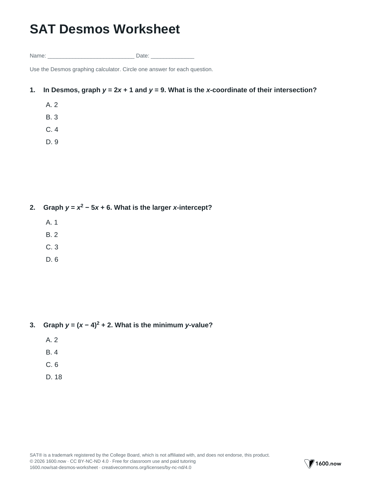 SAT Desmos Worksheet, page 1: graphing equations and interpreting intersections, zeros, and vertices