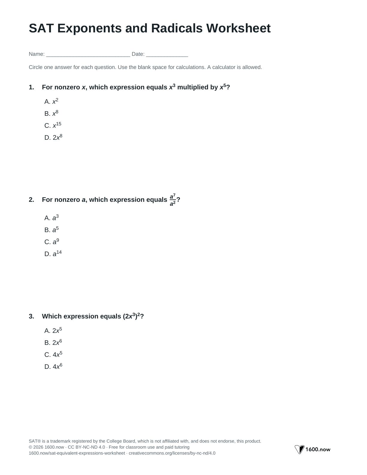 SAT Exponents and Radicals Worksheet, page 1: exponent rules, roots, and equivalent expressions