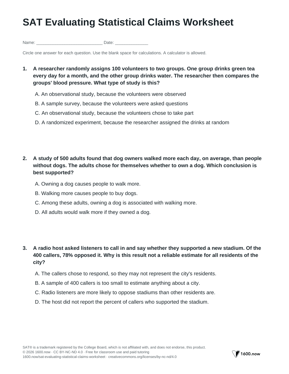 SAT Evaluating Statistical Claims Worksheet, page 1: experiments, observational studies, bias, and supported conclusions