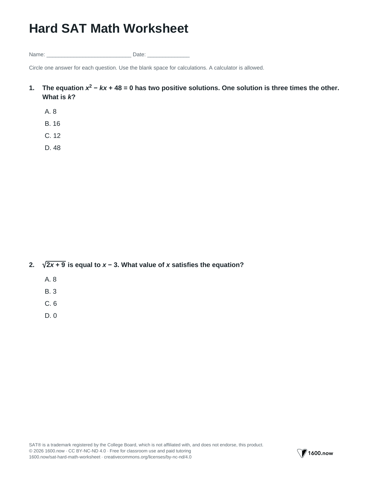 Hard SAT Math Worksheet, page 1: root relationships, parameters, radical equations, and quadratic models