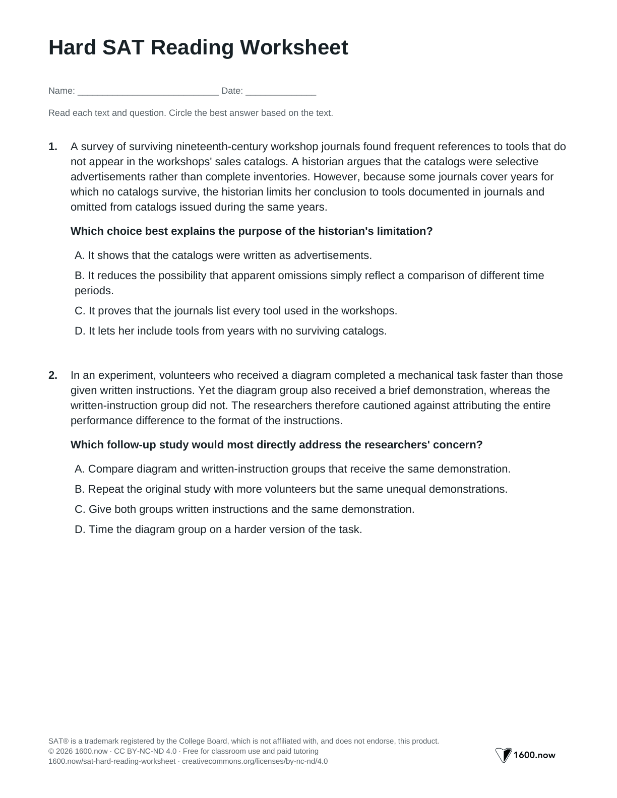 Hard SAT Reading Worksheet, page 1: qualified claims, competing explanations, and paired arguments