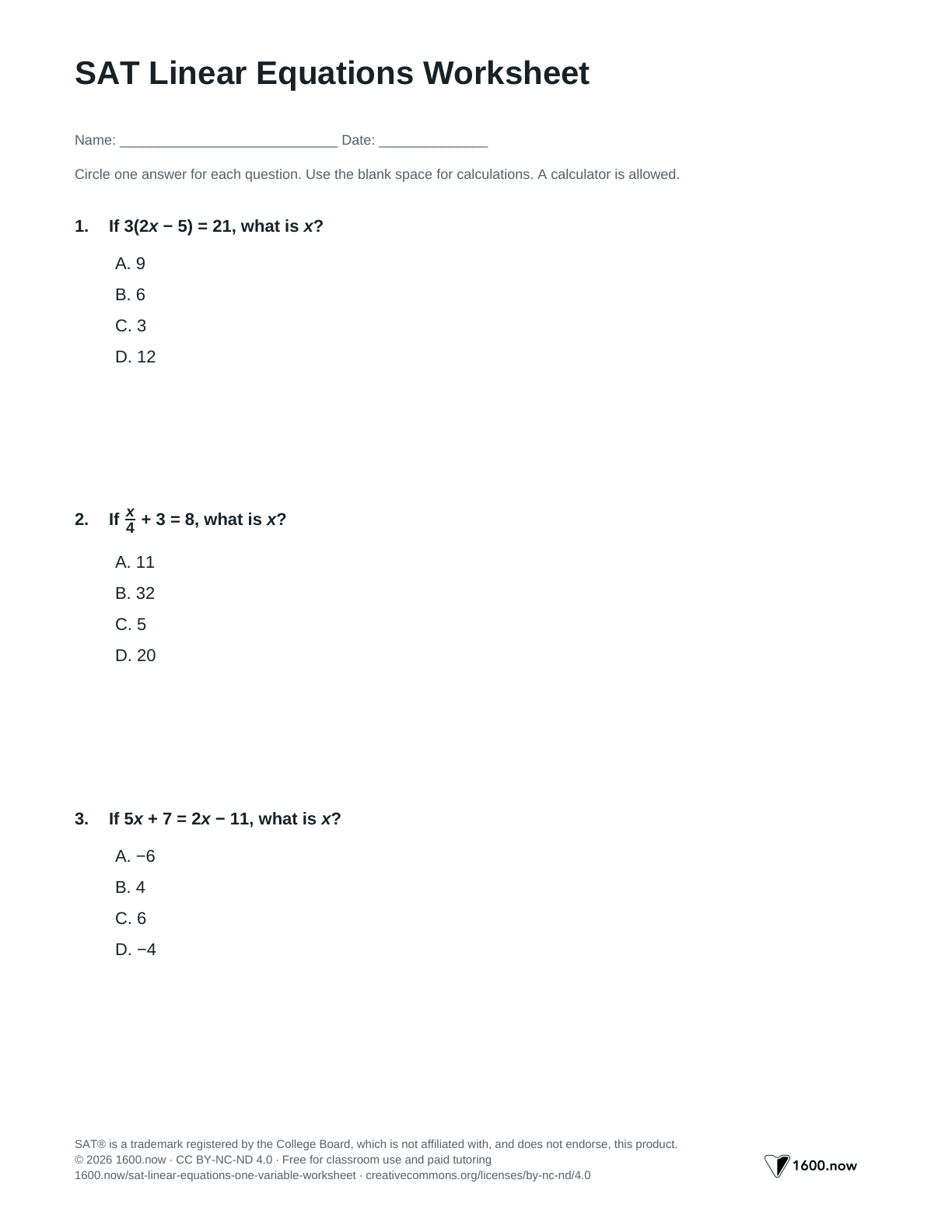 SAT Linear Equations Worksheet, page 1: distribution, fractions, constants, and equations with no solution