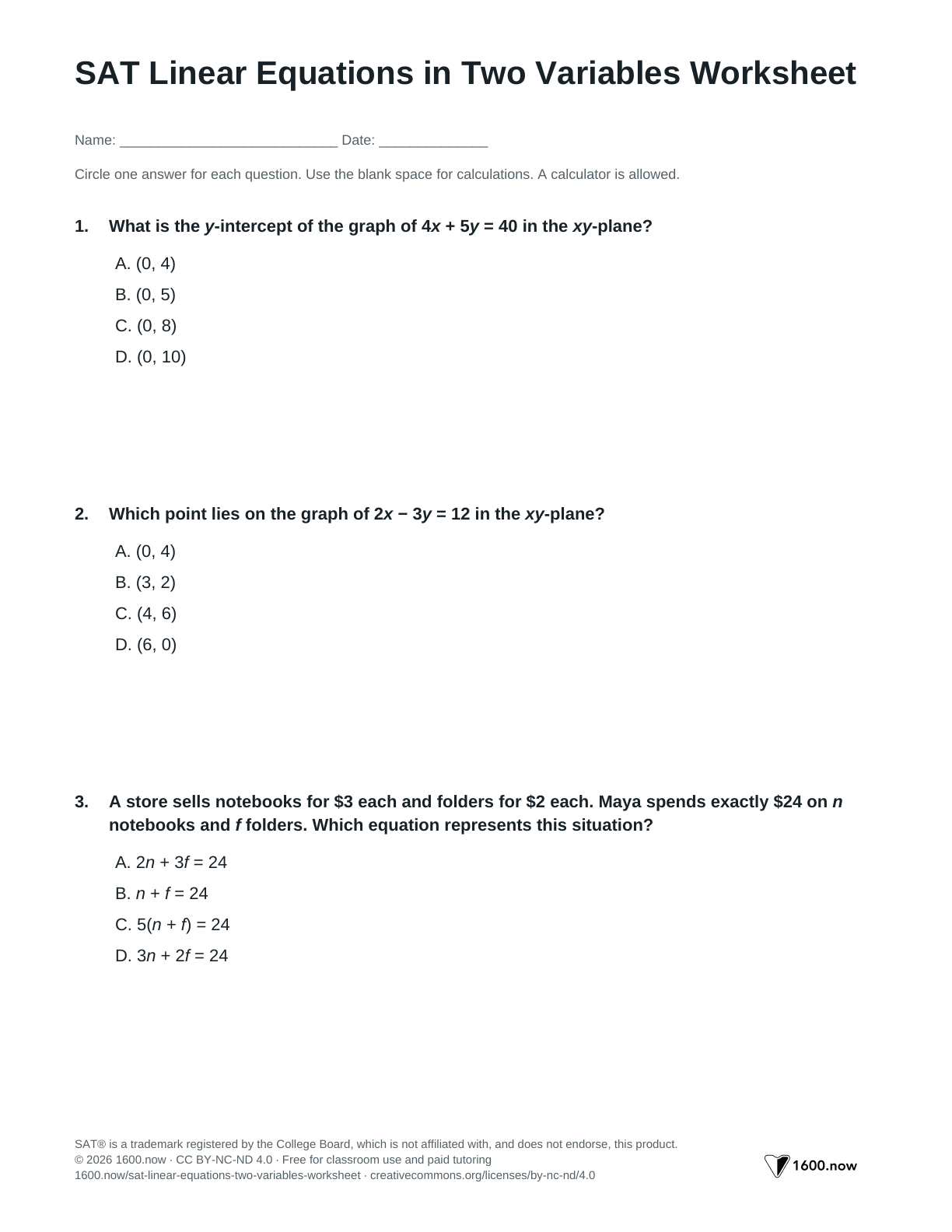 SAT Linear Equations in Two Variables Worksheet, page 1: standard form, intercepts, slope, and equations from word problems