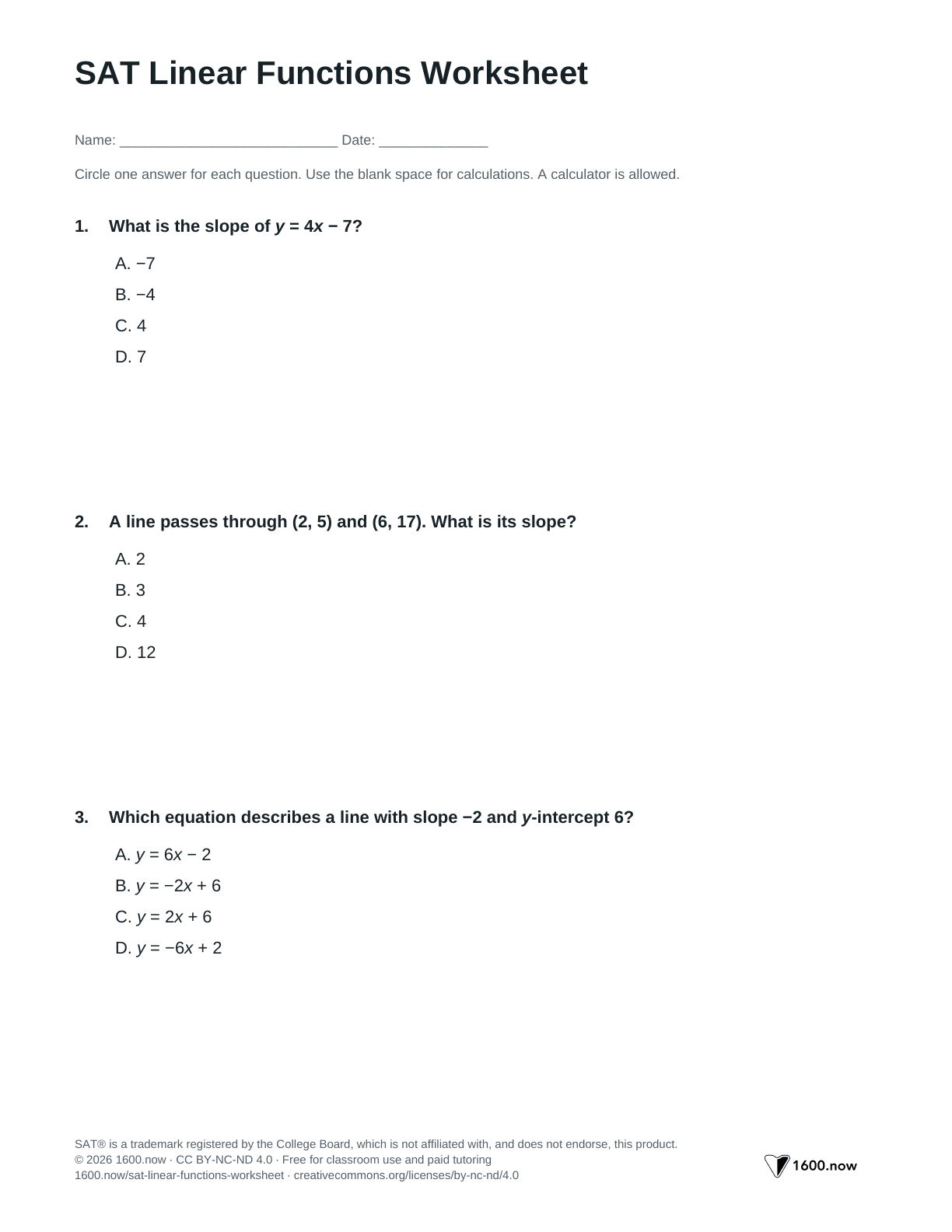 SAT Linear Functions Worksheet, page 1: slope, intercepts, and linear models