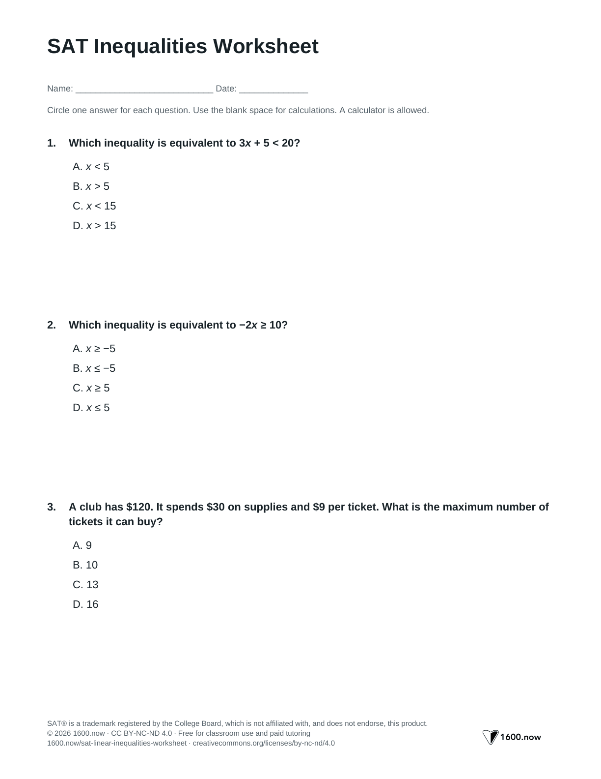 SAT Inequalities Worksheet, page 1: linear inequalities and budget constraints