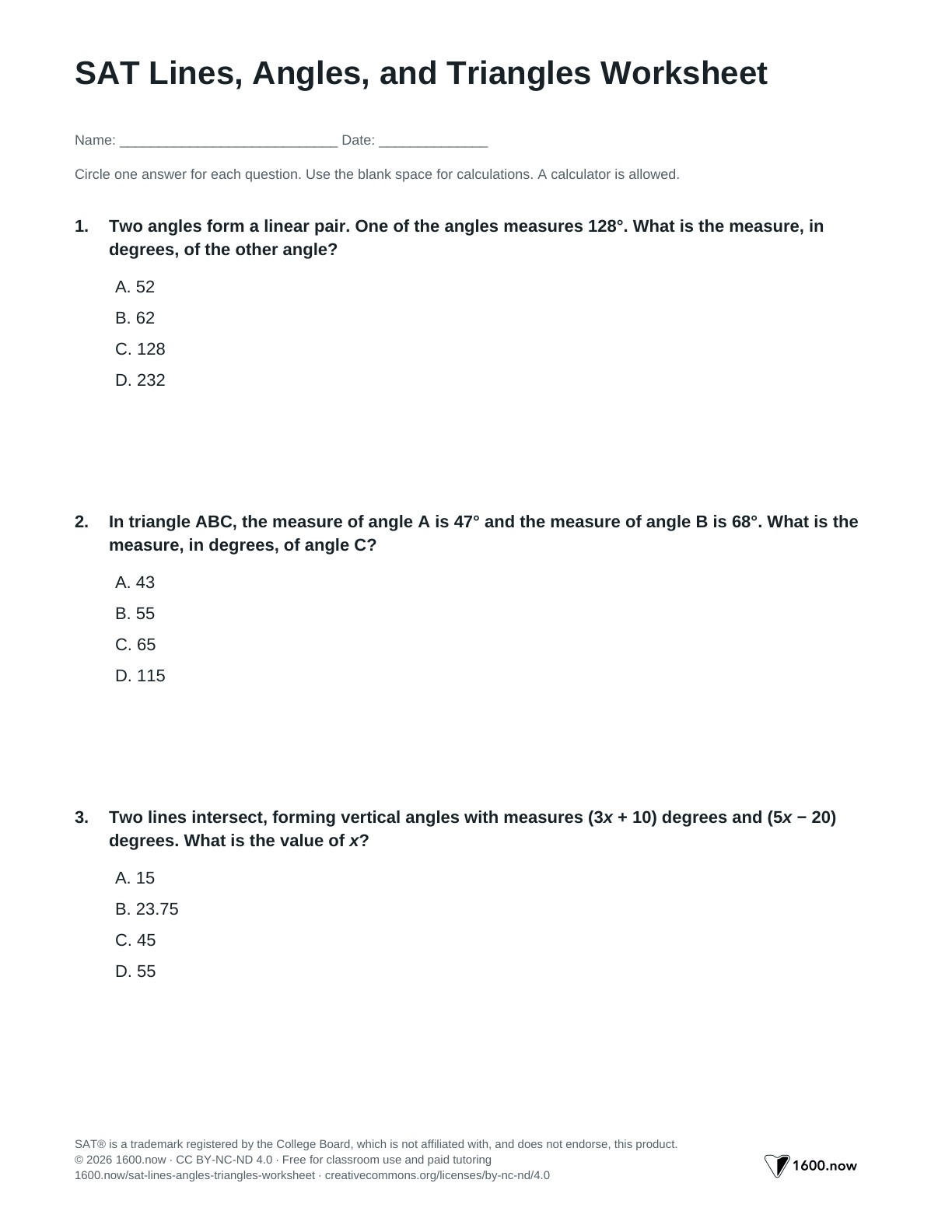 SAT Lines, Angles, and Triangles Worksheet, page 1: parallel lines, angle sums, exterior angles, and similar triangles