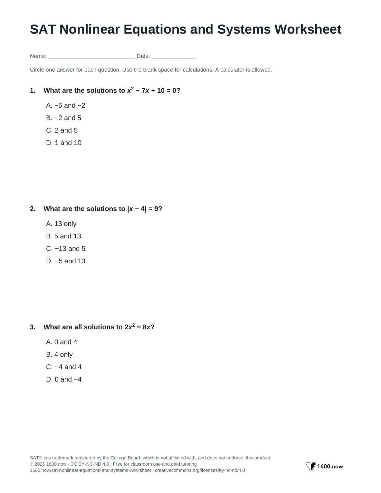 SAT Nonlinear Equations and Systems Worksheet, page 1: quadratic, radical, and rational equations and nonlinear systems
