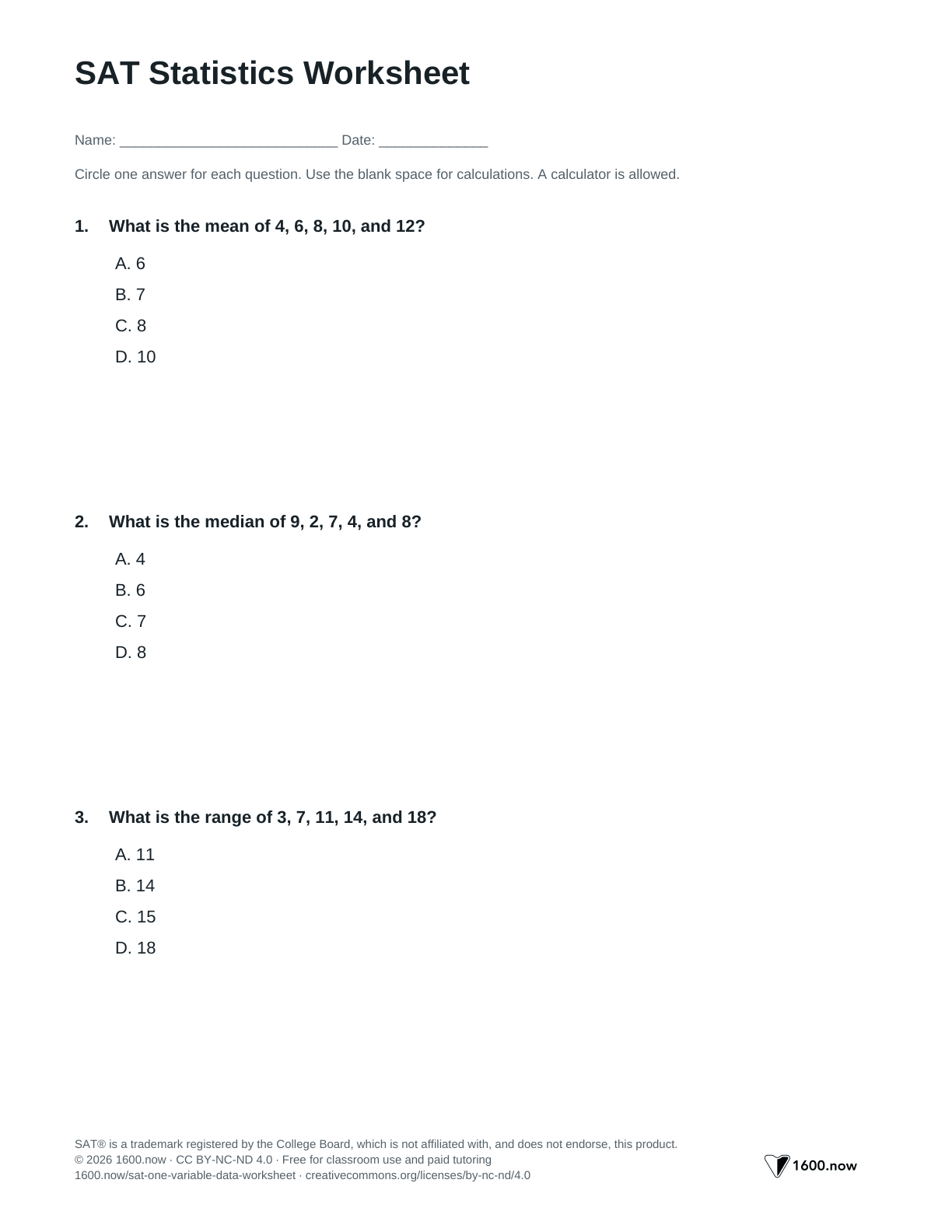 SAT Statistics Worksheet, page 1: mean, median, range, and spread