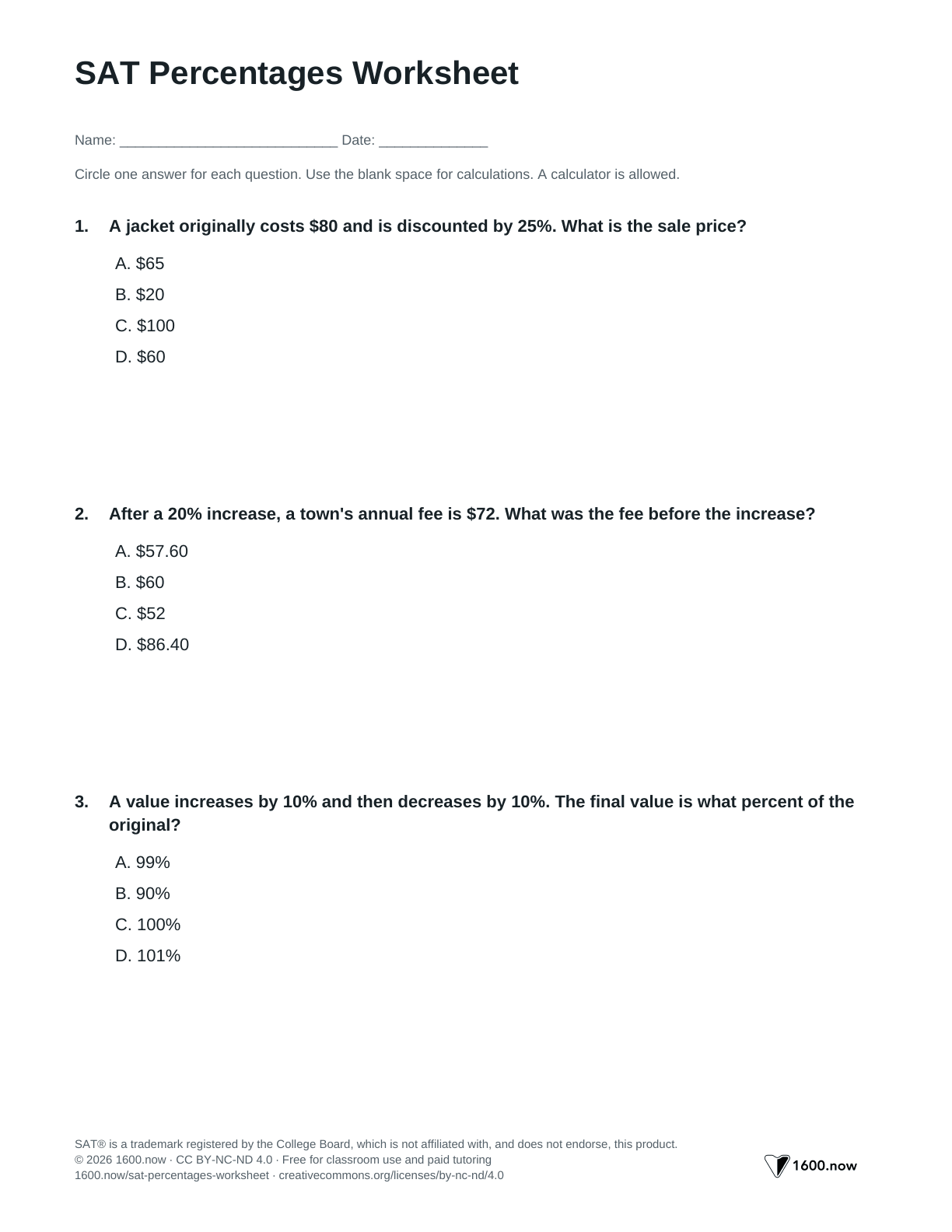 SAT Percentages Worksheet, page 1: reverse percentages, successive changes, and percent comparisons