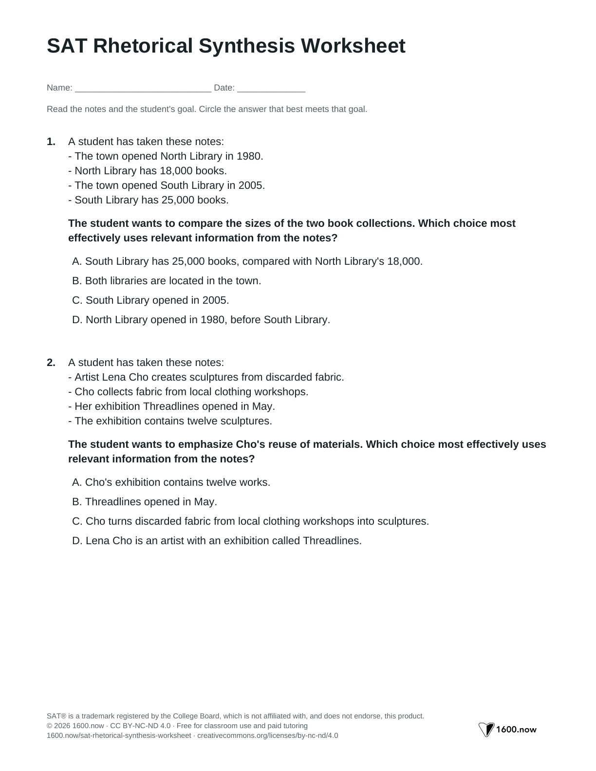 SAT Rhetorical Synthesis Worksheet, page 1: comparisons, relevant details, and writing to a stated goal