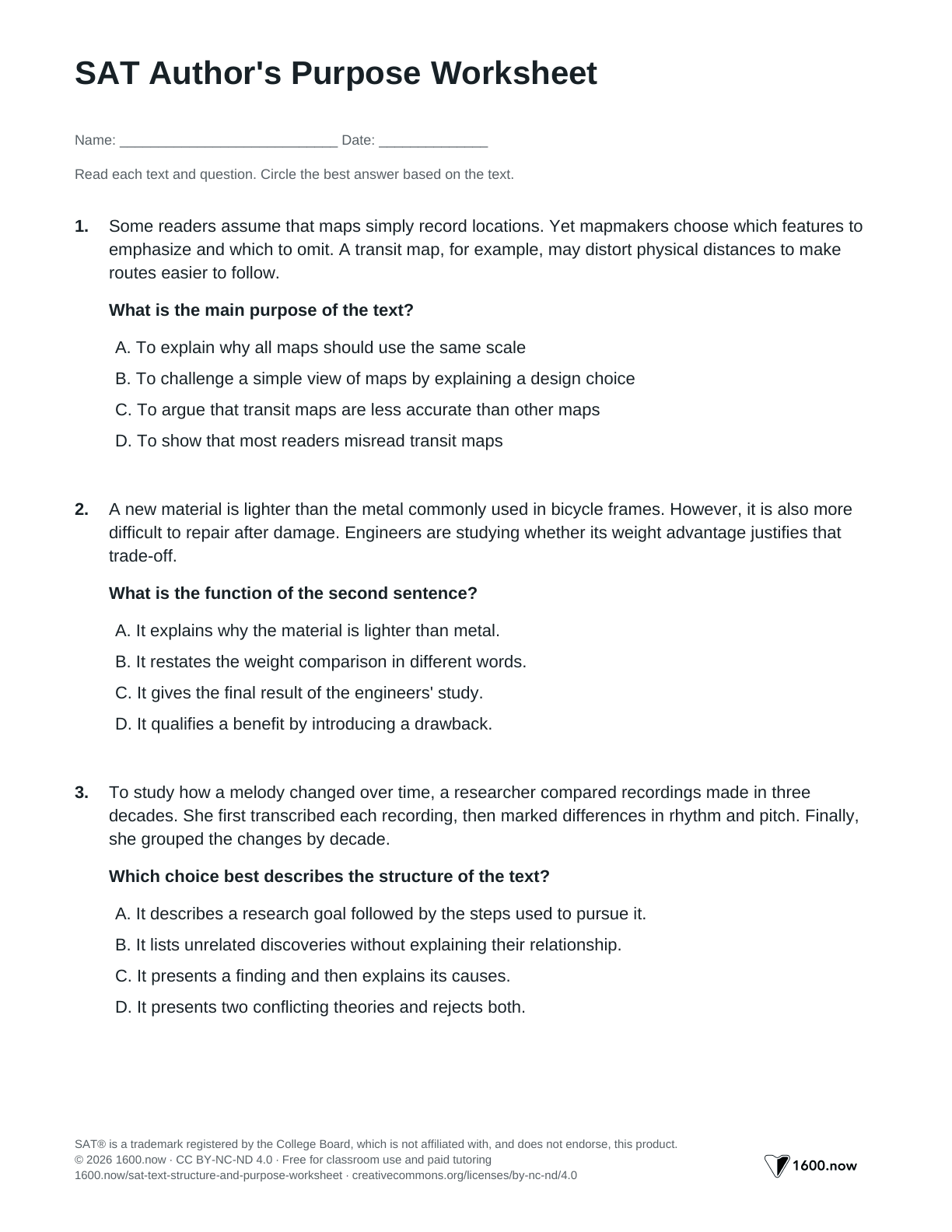 SAT Author's Purpose Worksheet, page 1: author's purpose, paragraph structure, and the role of a sentence