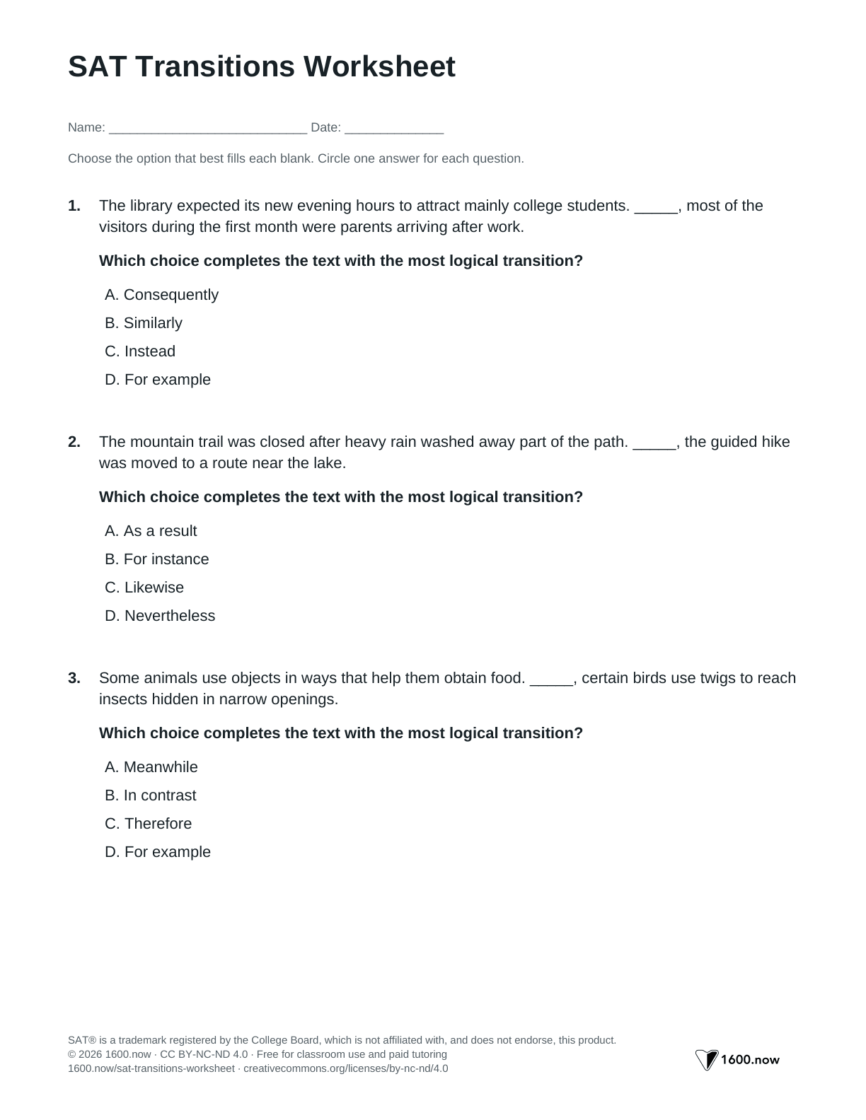 SAT Transitions Worksheet, page 1: contrast, cause and effect, examples, and sequence