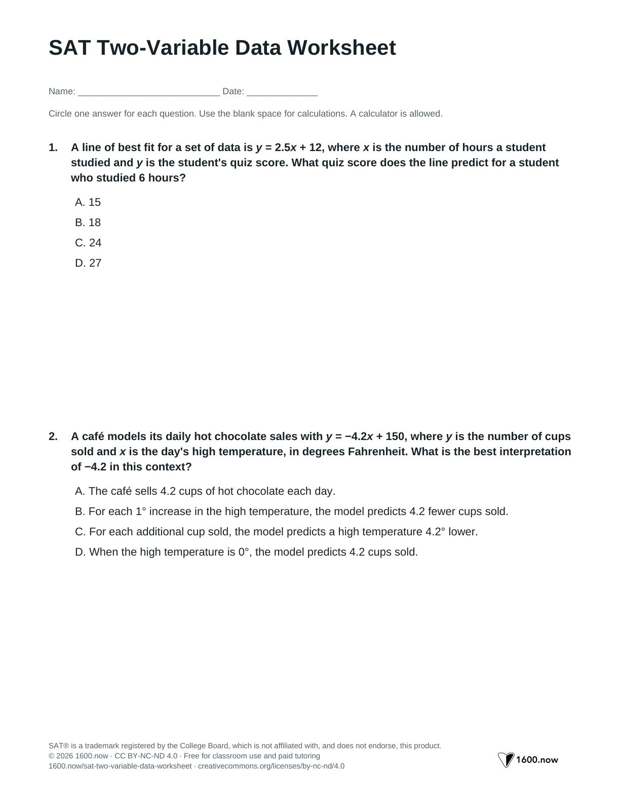 SAT Two-Variable Data Worksheet, page 1: scatterplots, lines of best fit, predictions, and exponential models