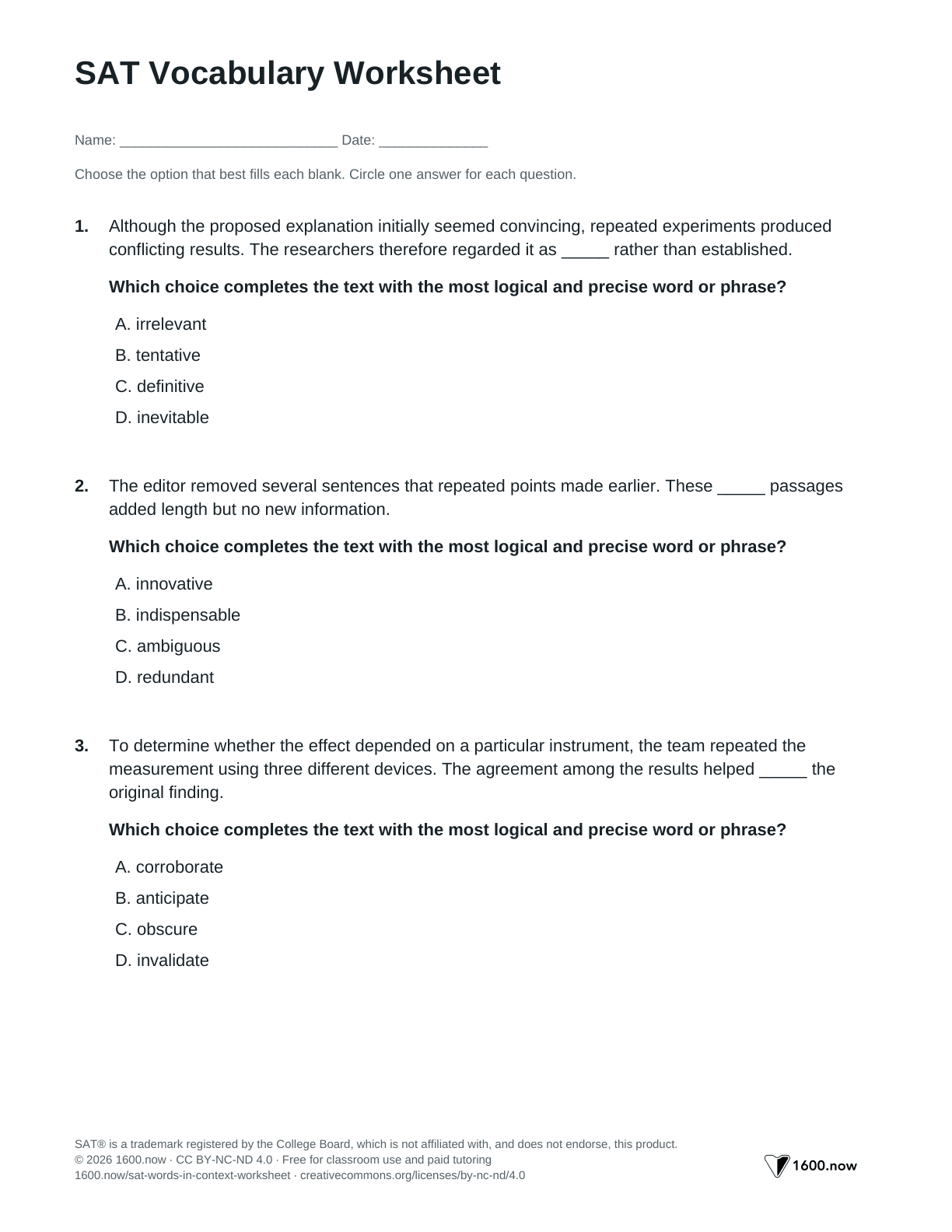 SAT Vocabulary Worksheet, page 1: precise word choice, contrast clues, and academic vocabulary
