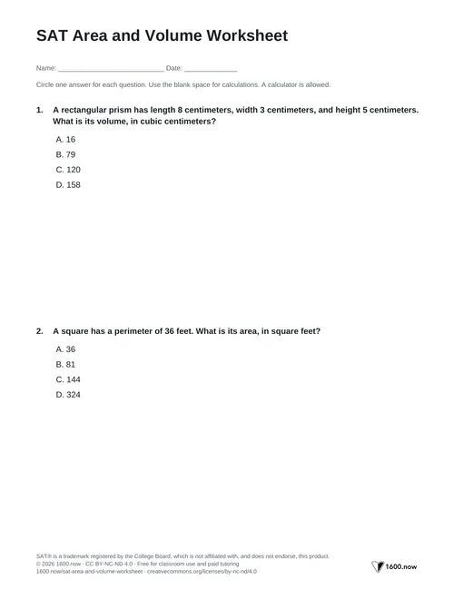 SAT Area and Volume Worksheet, page 1: composite areas, volume and surface area, scale factors, and unit conversions