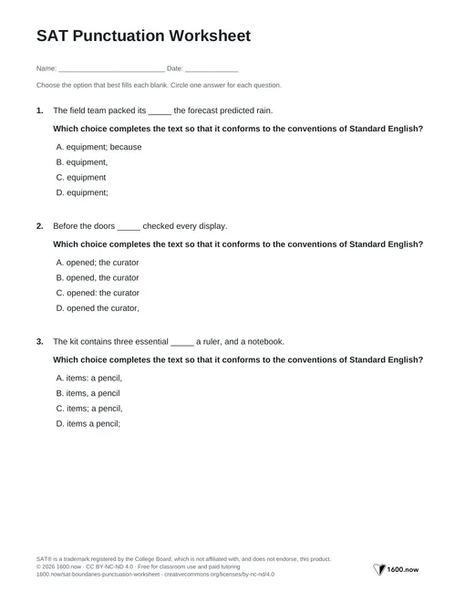 SAT Punctuation Worksheet, page 1: independent clauses, introductory phrases, colons, and appositives