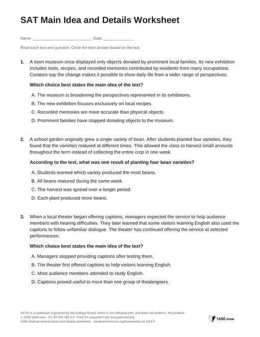 SAT Main Idea and Details Worksheet, page 1: central ideas, main ideas, and supporting details