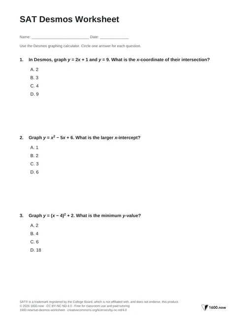 SAT Desmos Worksheet, page 1: graphing equations and interpreting intersections, zeros, and vertices