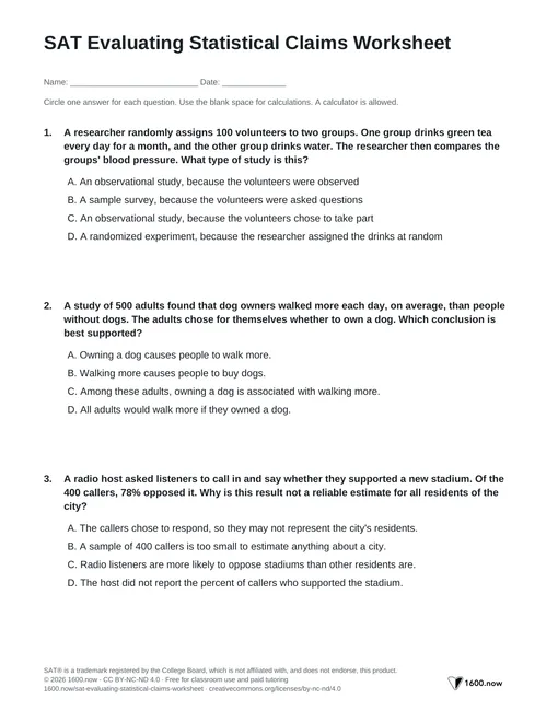 SAT Evaluating Statistical Claims Worksheet, page 1: experiments, observational studies, bias, and supported conclusions
