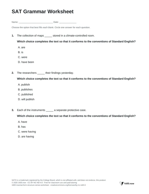 SAT Grammar Worksheet, page 1: subject-verb agreement, verb tense, pronouns, and modifiers