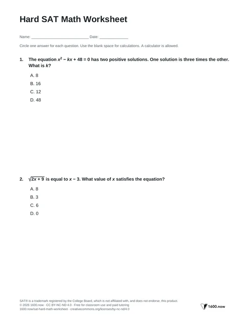 Hard SAT Math Worksheet, page 1: root relationships, parameters, radical equations, and quadratic models
