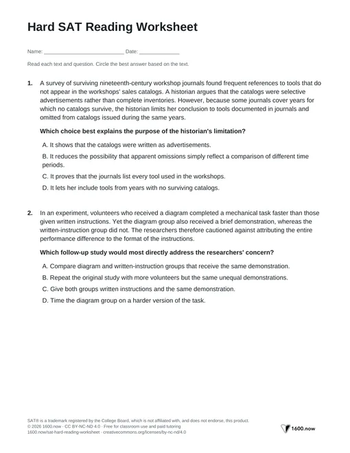 Hard SAT Reading Worksheet, page 1: qualified claims, competing explanations, and paired arguments