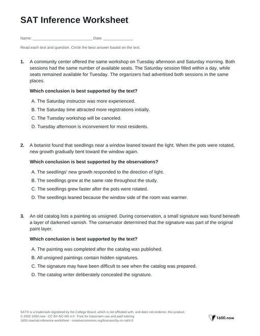 SAT Inference Worksheet, page 1: supported inferences and logical conclusions