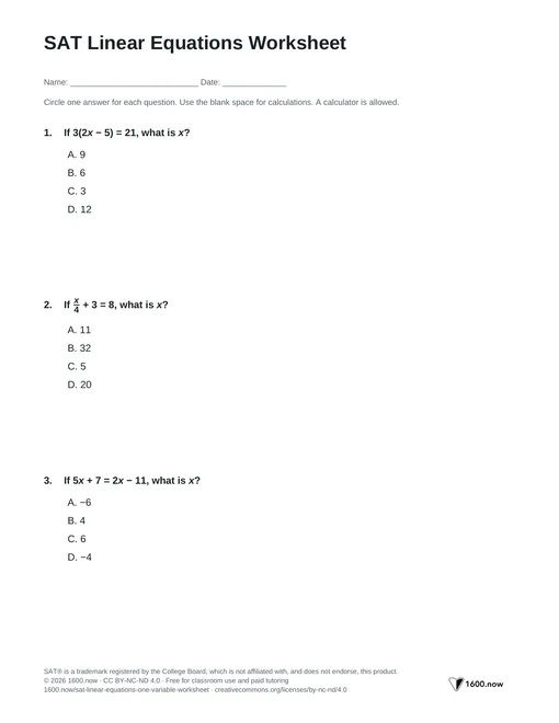SAT Linear Equations Worksheet, page 1: distribution, fractions, constants, and equations with no solution
