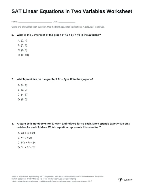 SAT Linear Equations in Two Variables Worksheet, page 1: standard form, intercepts, slope, and equations from word problems