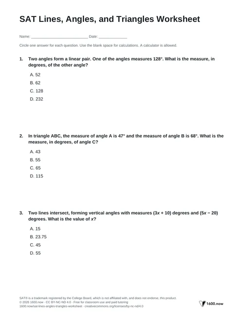 SAT Lines, Angles, and Triangles Worksheet, page 1: parallel lines, angle sums, exterior angles, and similar triangles