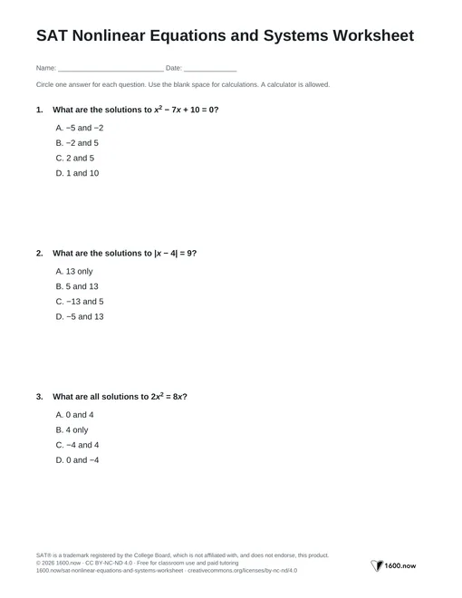 SAT Nonlinear Equations and Systems Worksheet, page 1: quadratic, radical, and rational equations and nonlinear systems