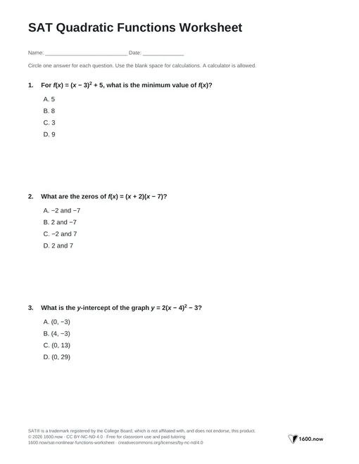 SAT Quadratic Functions Worksheet, page 1: vertex form, zeros, intercepts, and maximum values