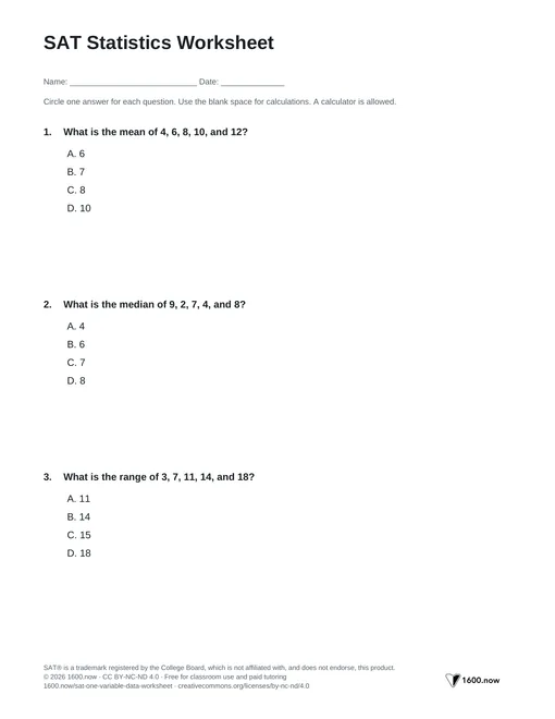 SAT Statistics Worksheet, page 1: mean, median, range, and spread