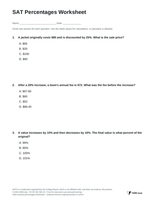 SAT Percentages Worksheet, page 1: reverse percentages, successive changes, and percent comparisons
