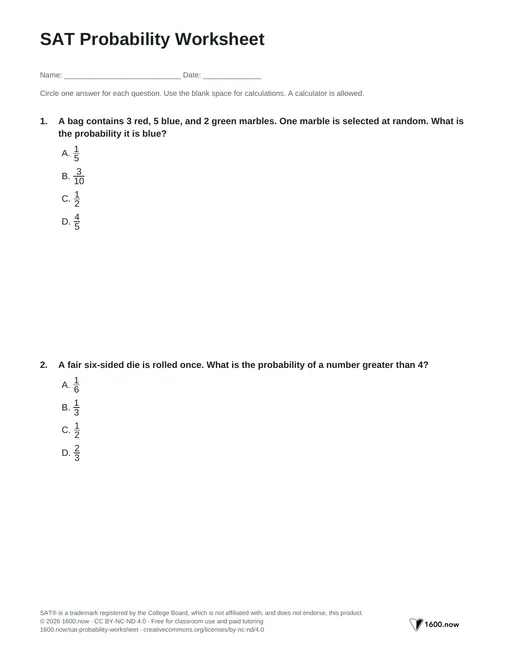 SAT Probability Worksheet, page 1: probability, two-way tables, and conditional probability