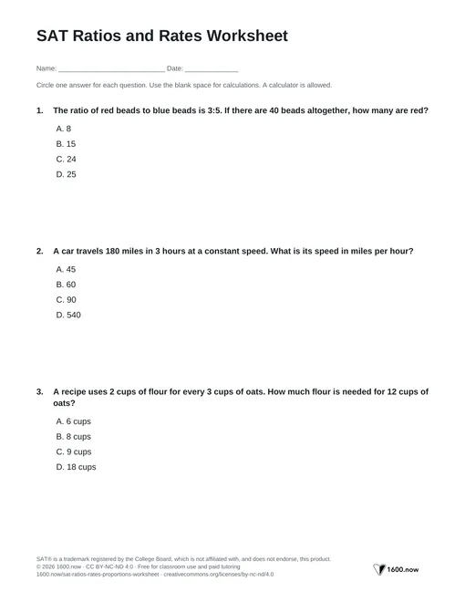 SAT Ratios and Rates Worksheet, page 1: ratios, unit rates, proportions, and conversions