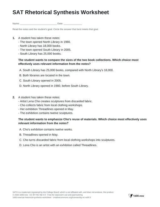SAT Rhetorical Synthesis Worksheet, page 1: comparisons, relevant details, and writing to a stated goal
