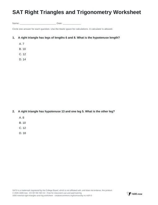 SAT Right Triangles and Trigonometry Worksheet, page 1: right triangles, special triangles, and sine, cosine, and tangent