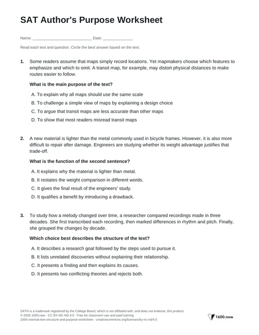 SAT Author's Purpose Worksheet, page 1: author's purpose, paragraph structure, and the role of a sentence