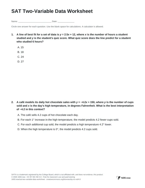 SAT Two-Variable Data Worksheet, page 1: scatterplots, lines of best fit, predictions, and exponential models