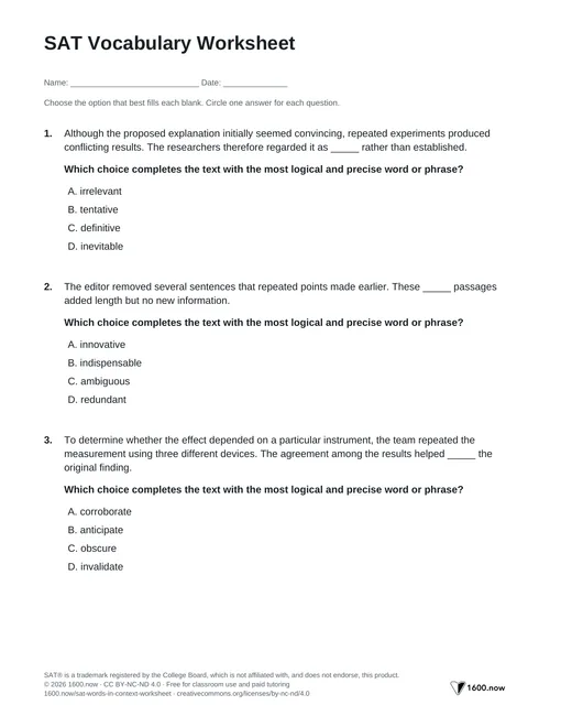 SAT Vocabulary Worksheet, page 1: precise word choice, contrast clues, and academic vocabulary